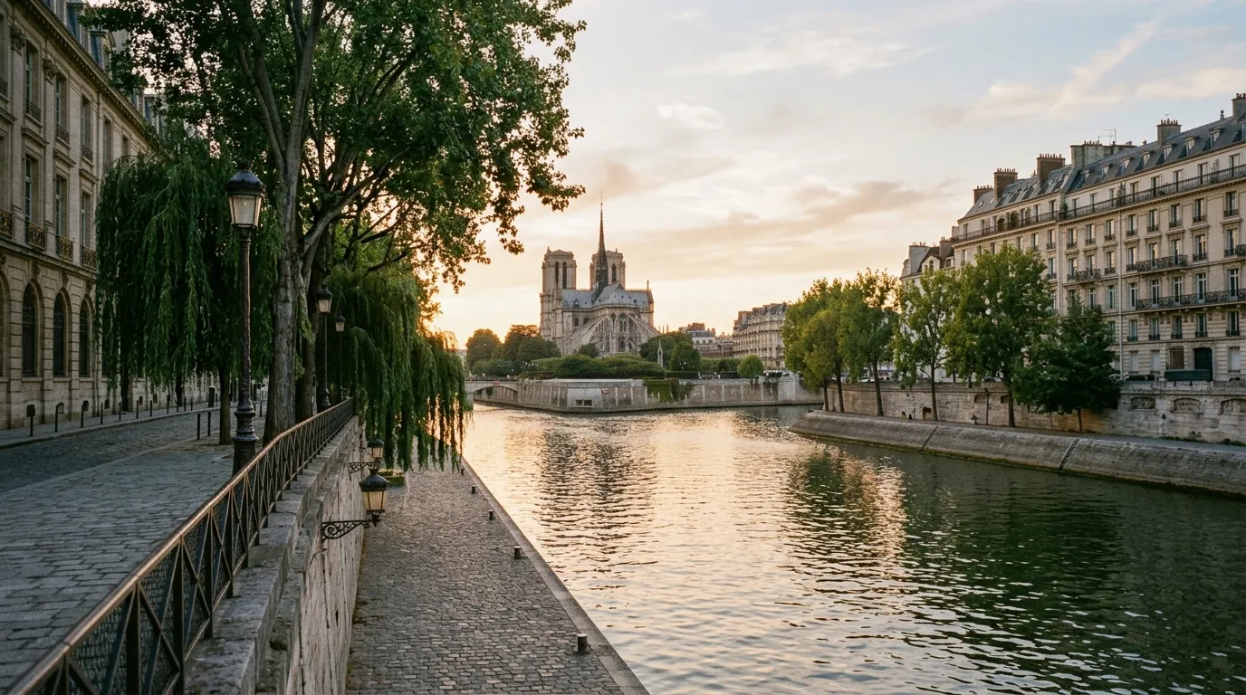 Quais of Île Saint-Louis in Paris with a view of Notre-Dame at sunset