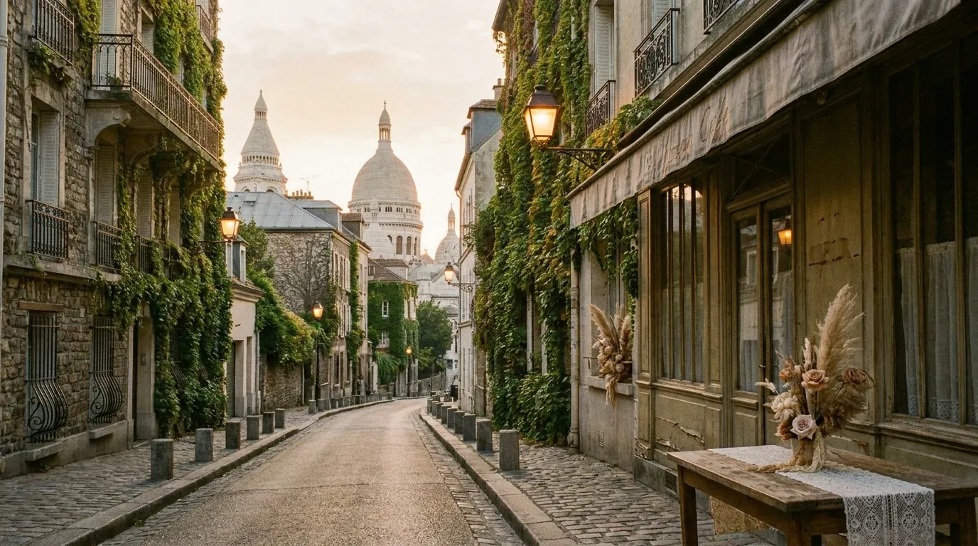 Cobbled Montmartre street climbing toward the Sacré-Cœur in Paris
