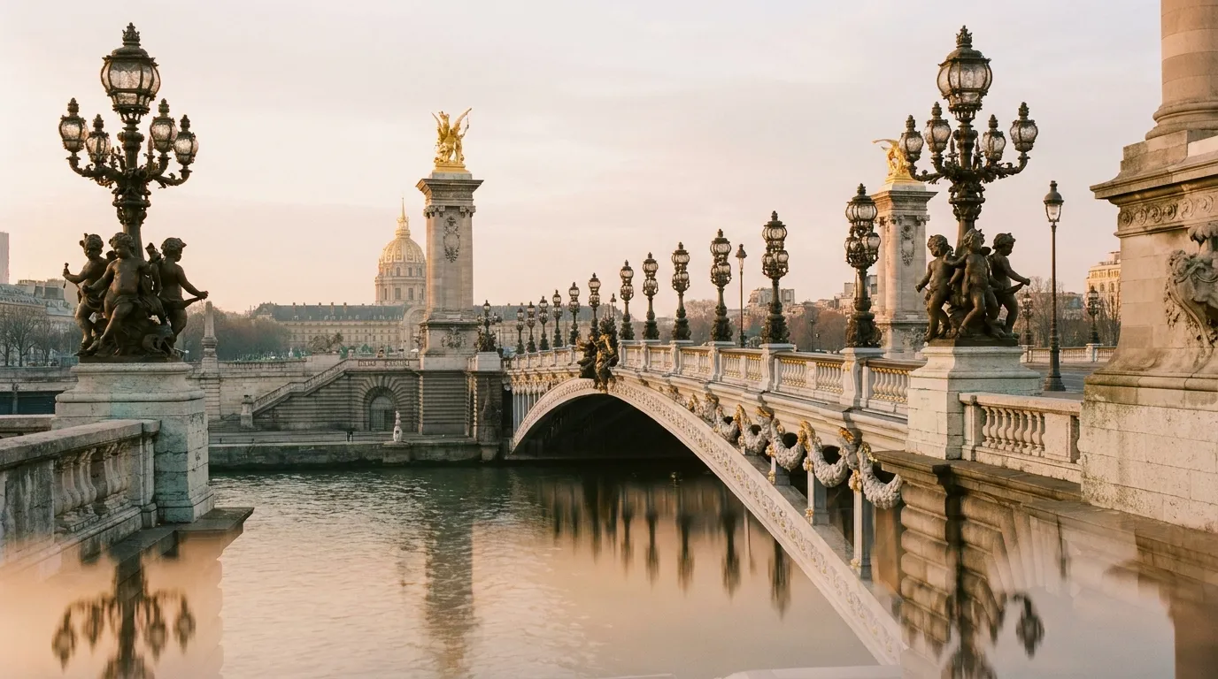Pont Alexandre III in Paris, gilded lamps and the dome of Les Invalides