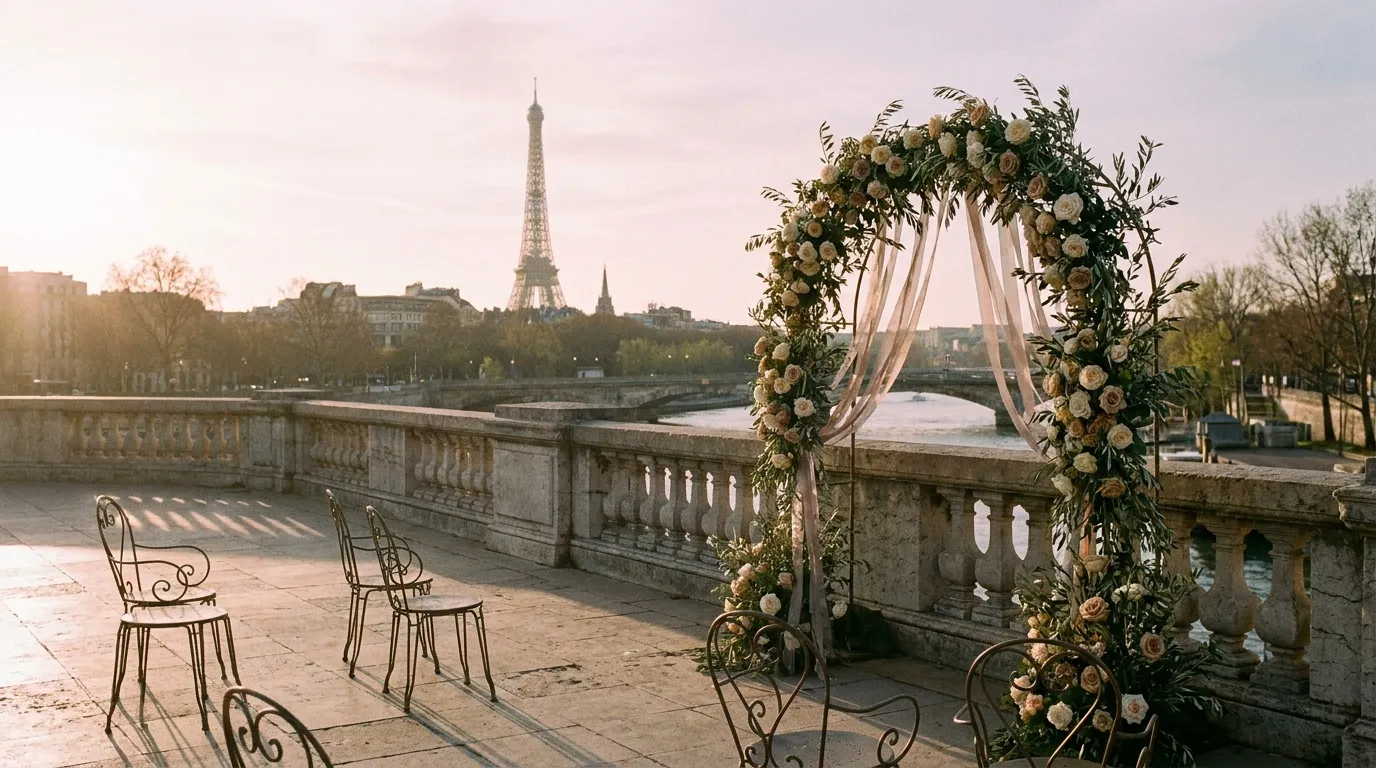 Trocadéro esplanade with a view of the Eiffel Tower at sunrise