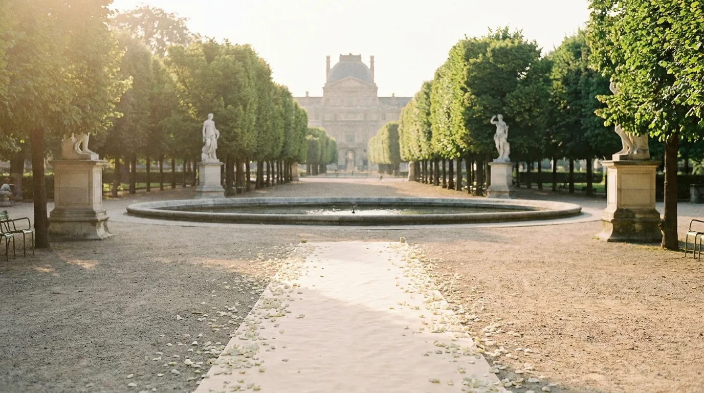 Paths and basin of the Jardin des Tuileries in Paris in golden light