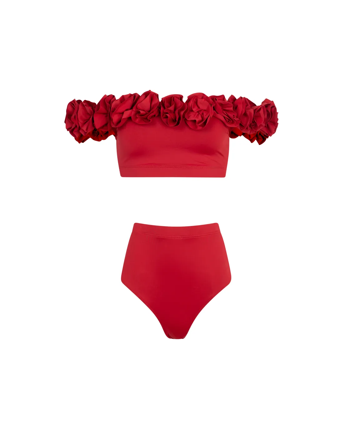 Red ruffled swimsuit packshot on a neutral background