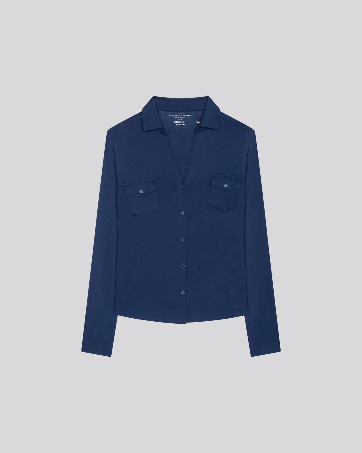 Navy jersey shirt packshot, buttoned, flat lay