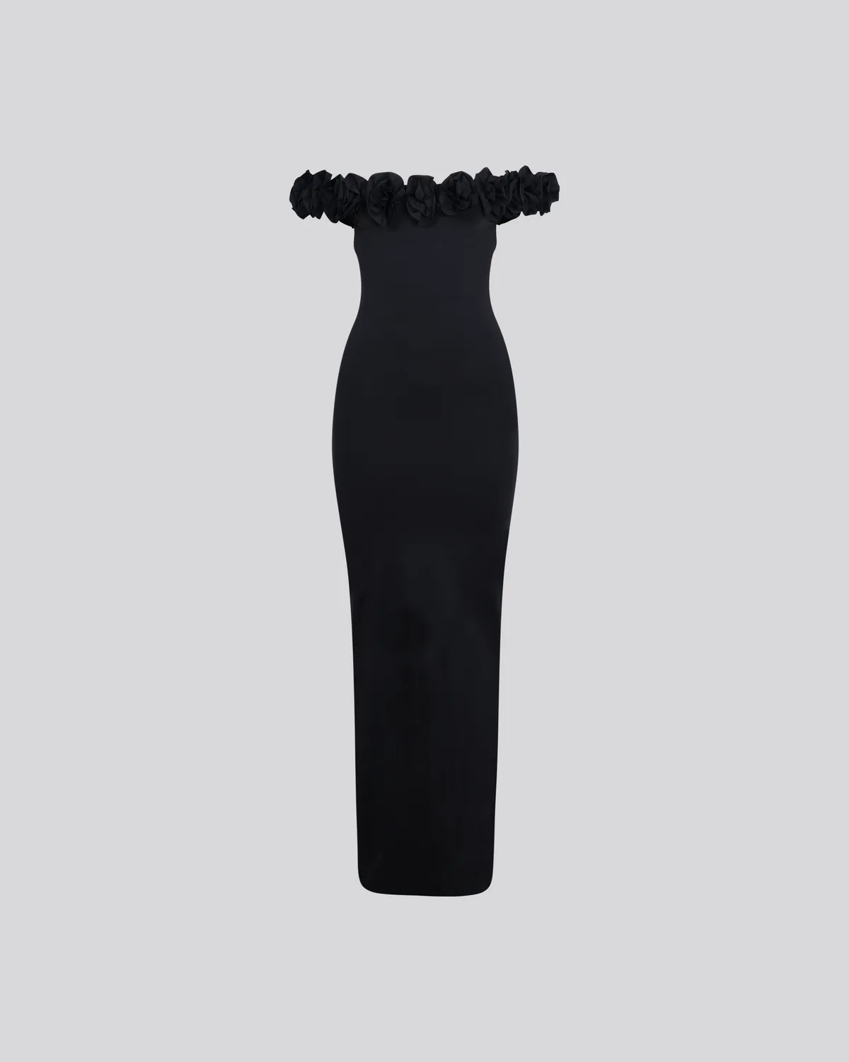 Black ruffled bustier dress packshot on a neutral background